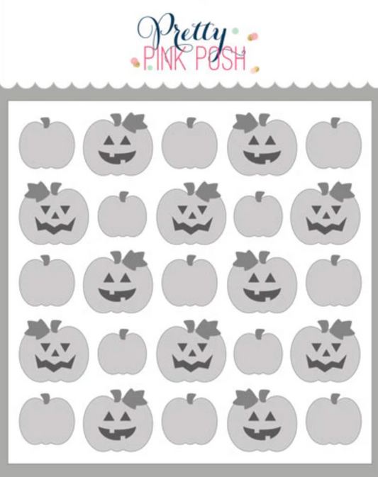 Stencils with pumpkin designs on a white background, branded 'Pretty Pink Posh'.