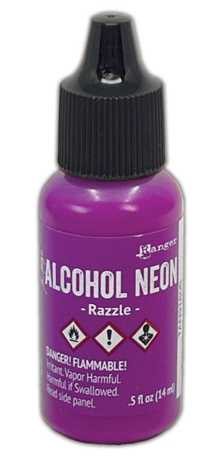 Purple bottle of Alcohol Neon dye with black cap on a white background