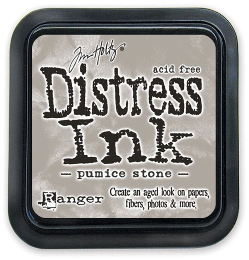 Distress Ink pad by Ranger with 'Pumice Stone' text on a gray background
