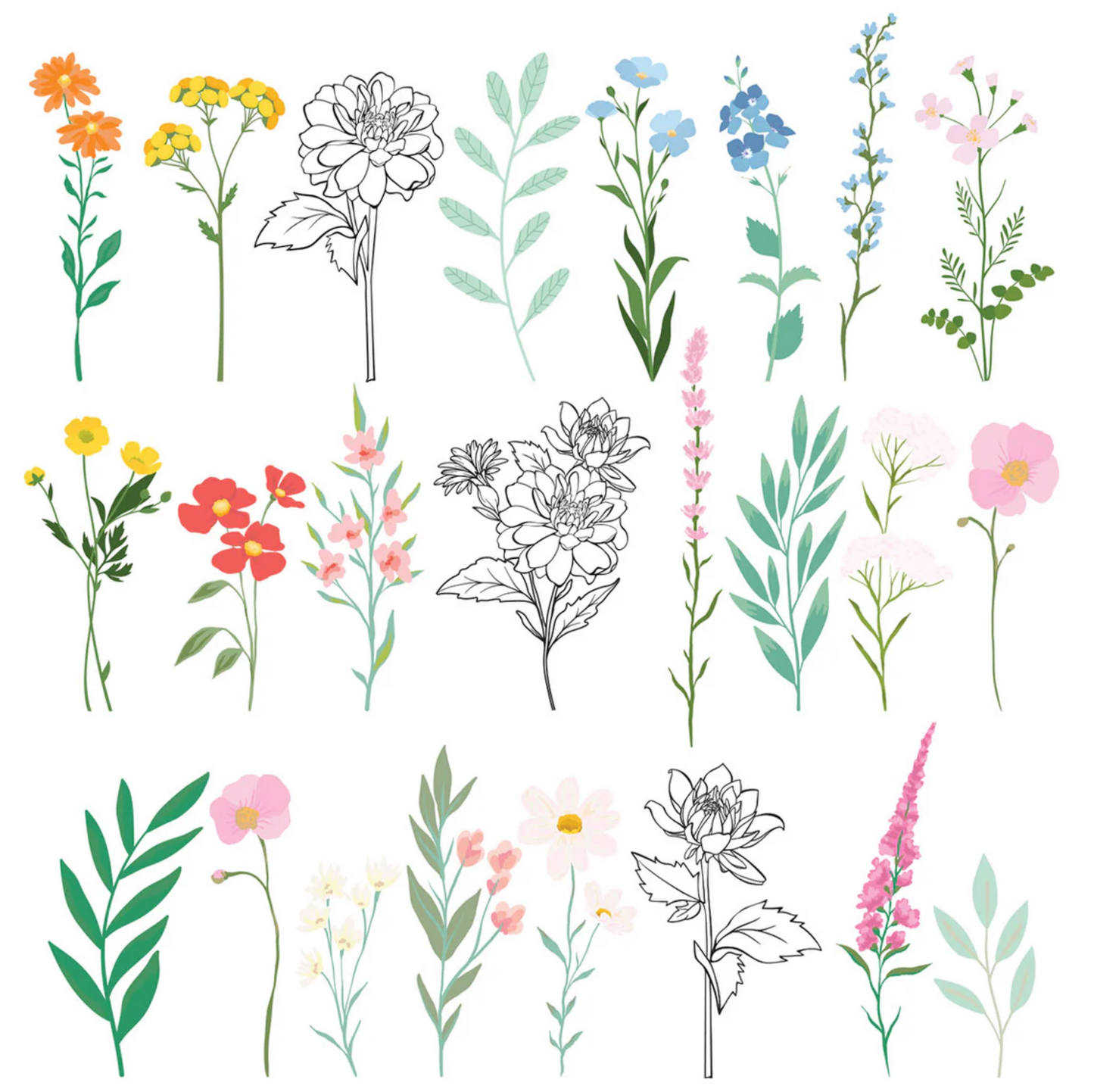 Collection of various floral illustration stickers on a white background