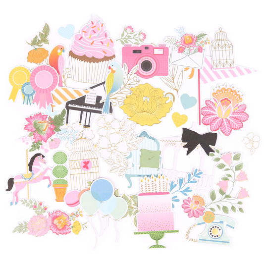 Rosies Studio Die Cut Jubilee Ephemera of foiled camera cupcake floral and phone pieces individual