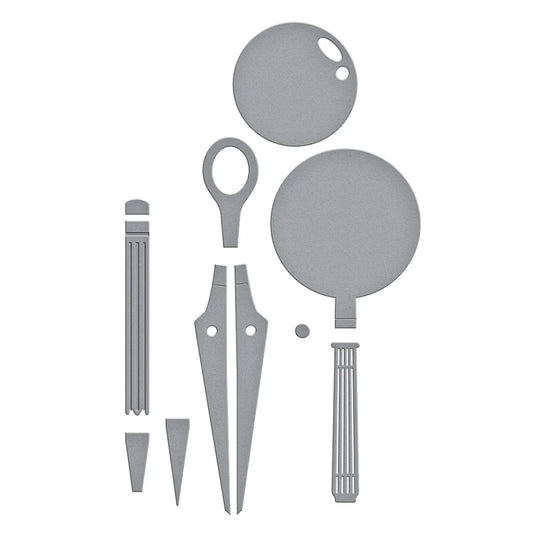 A set of gray metal golf club shaping dies or templates arranged on a plain white background, including circular, oval, and pointed metal pieces with cutout details.