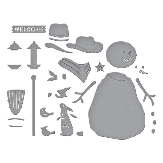 Set of snowman cowboy-themed metal dies on a white background