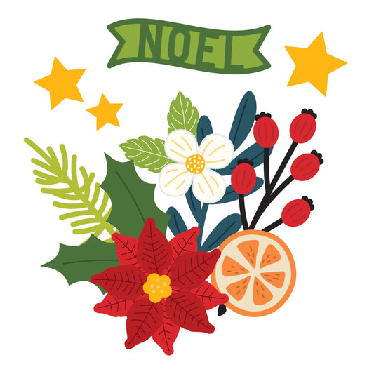 Poinsettia, holly, dogwood, orange slice, and NOEL banner die cut floral arrangement
