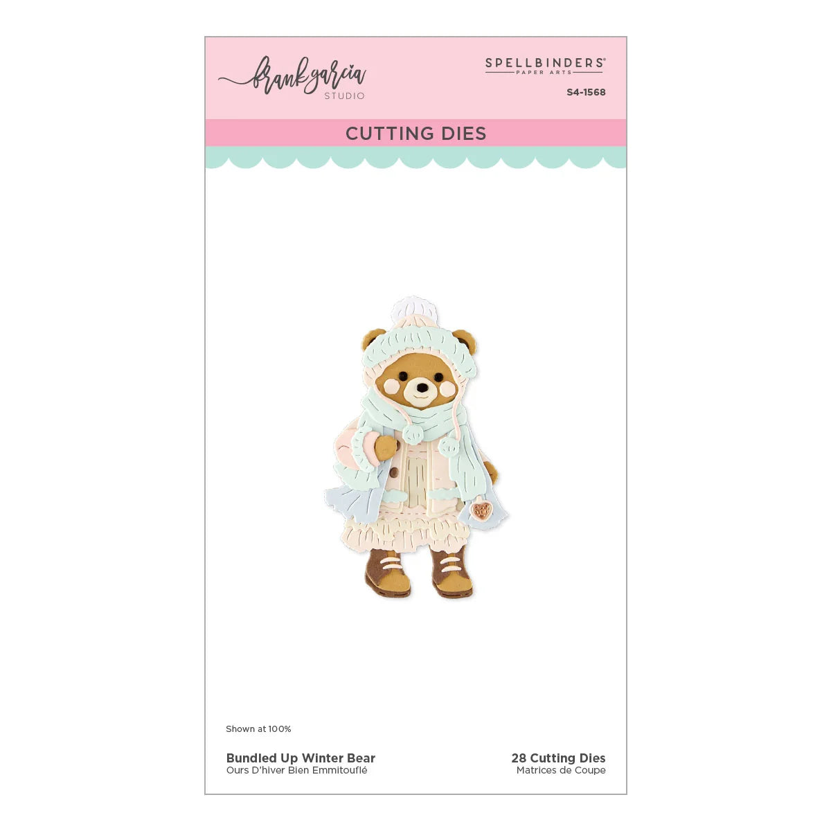 Spellbinders 'Bundle Up Winter Bear' cutting dies package, showing a teddy bear dressed in a cream winter coat, mint green hat and scarf, and brown boots on a white card with pink and mint header bands.