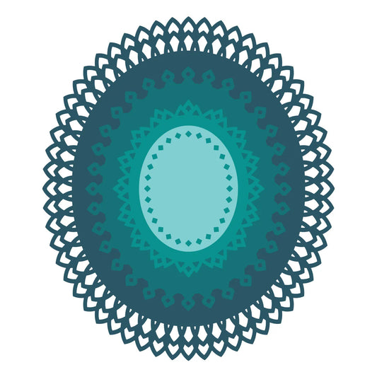 A circular mandala-style decorative graphic with concentric teal and aqua shapes on a plain white background.