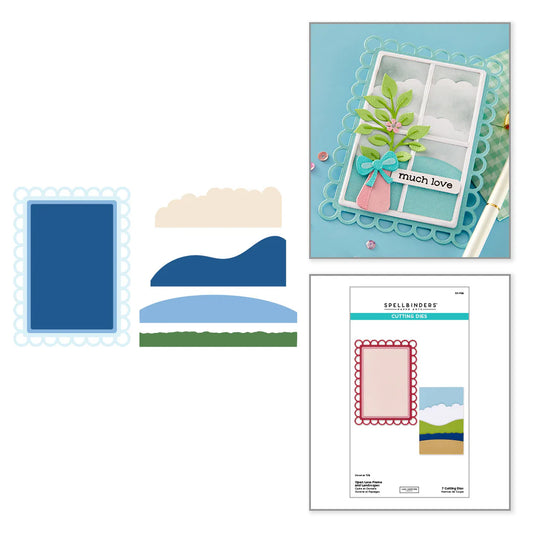Set of card-making elements including a card with a plant design, cutout shapes, and a cutting die set on a white background.