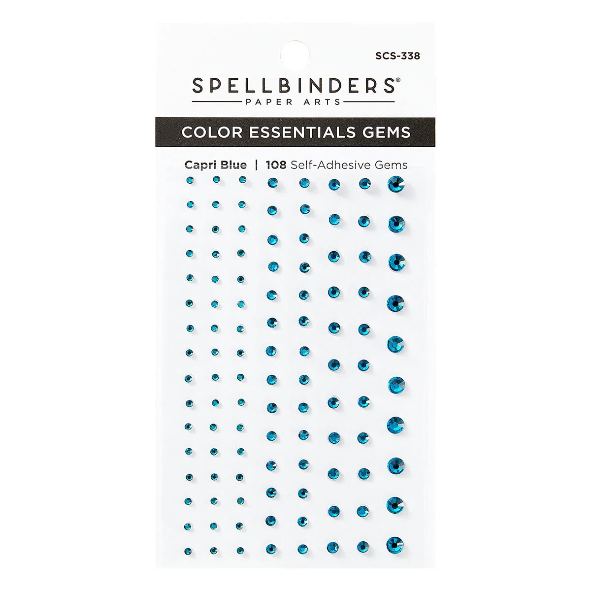 Spellbinders Paper Arts Color Essentials Gems in Capri Blue, featuring 108 self-adhesive gems on a white backing card.