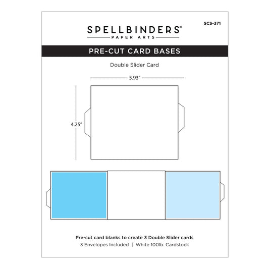 Spellbinders Paper Arts Pre-Cut Card Bases package for a Double Slider Card, showing a 5.93 by 4.