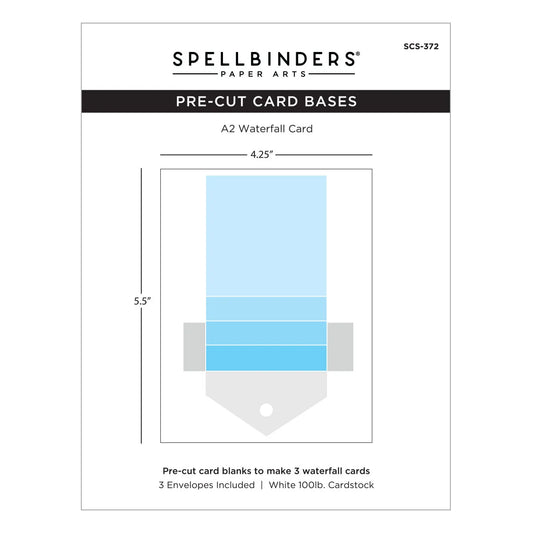 Spellbinders Paper Arts Pre-Cut Card Bases A2 Waterfall Card package, showing a diagram of the card base with dimensions 4.25 inches by 5.