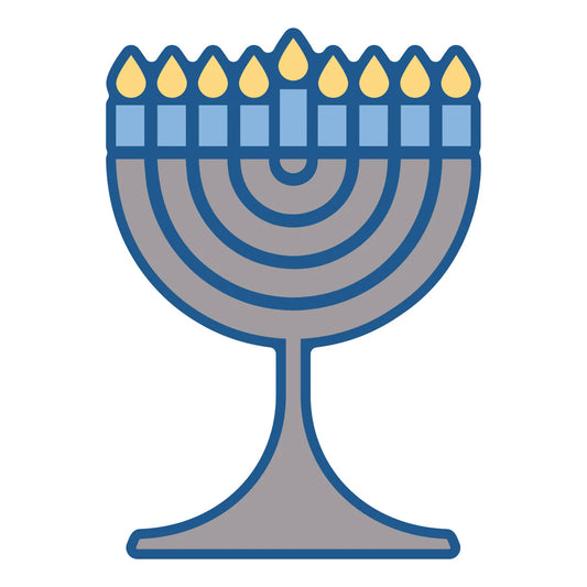 graphic of a Hanukkah menorah with a gray body, blue outlines, light blue candle holders, and yellow flames on a white background.