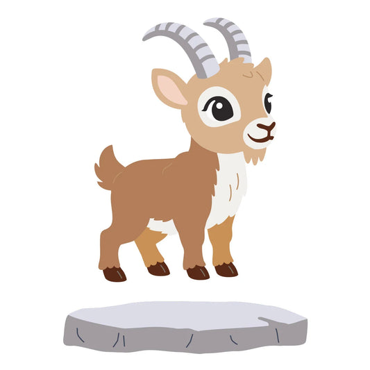 A cartoon baby goat with curved gray horns stands on a gray rock against a plain white background.