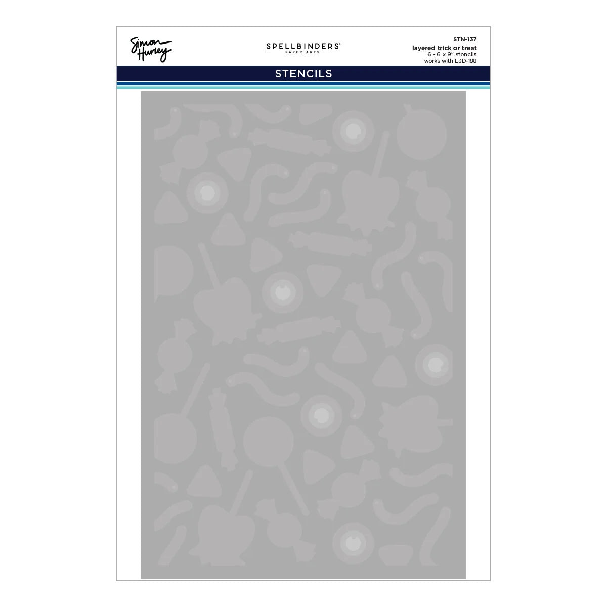 Spellbinders Stencils sheet 576-037 by Jane Young, featuring a gray sheet with various white stenciled shapes and patterns, shown on a white background.