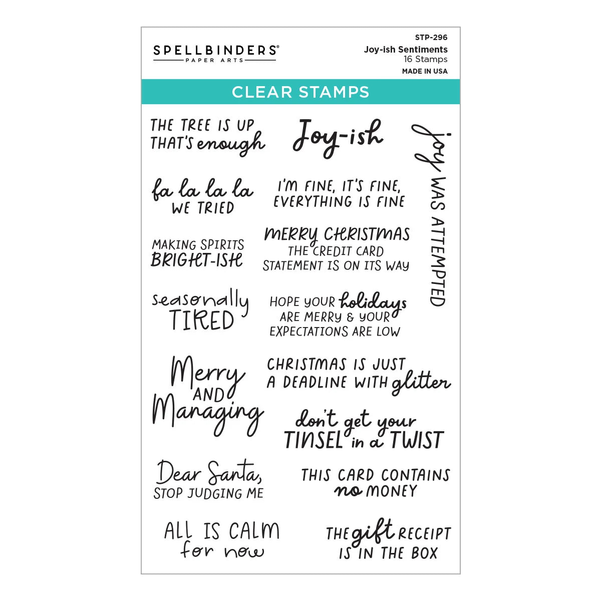 Spellbinders Paper Lovers Clear Stamps sheet STP-296 featuring 16 joy-ish sentiment stamps with various handwritten and cursive phrases on a white background.
