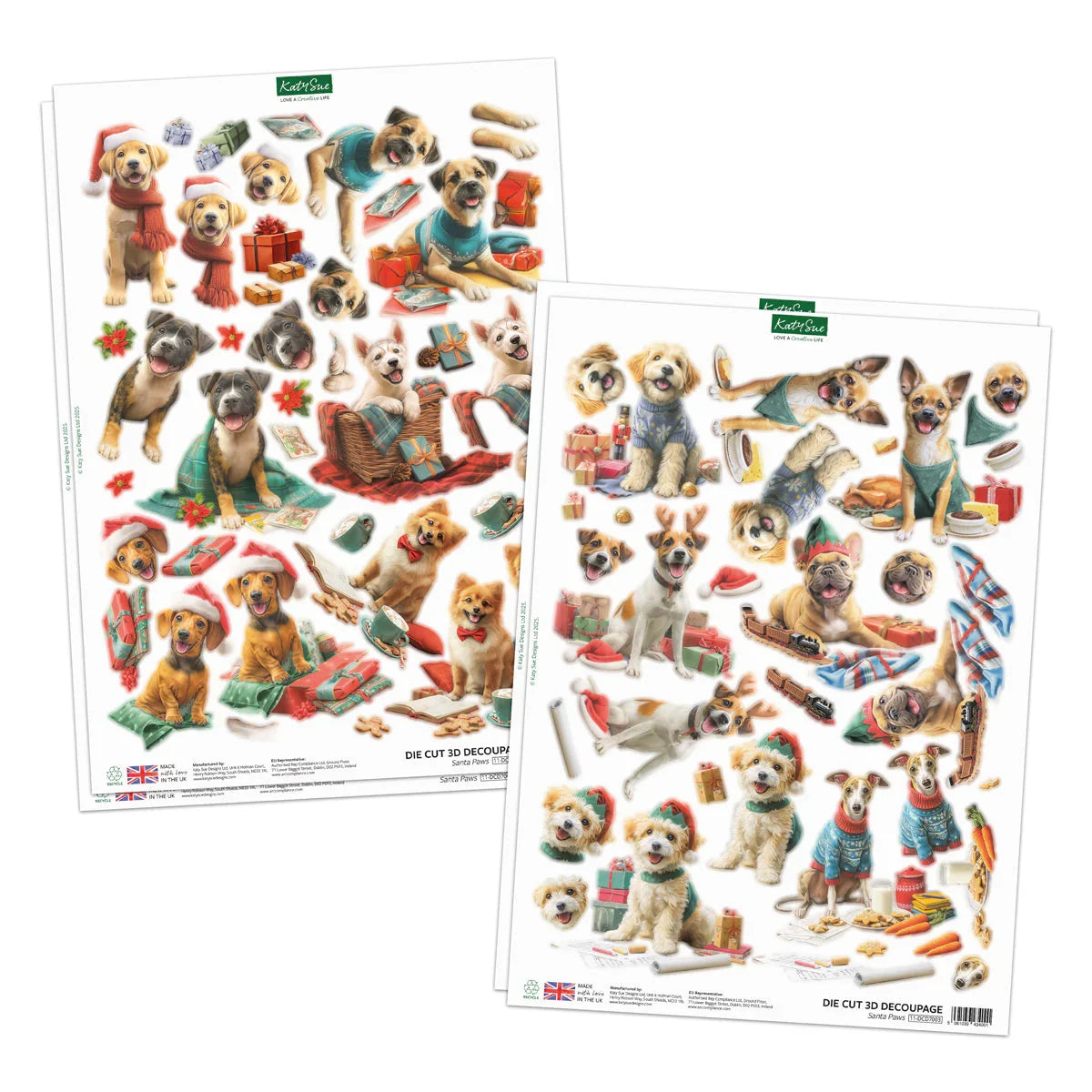 Two sheets of die-cut 3D decoupage with various illustrated dogs on a white background.