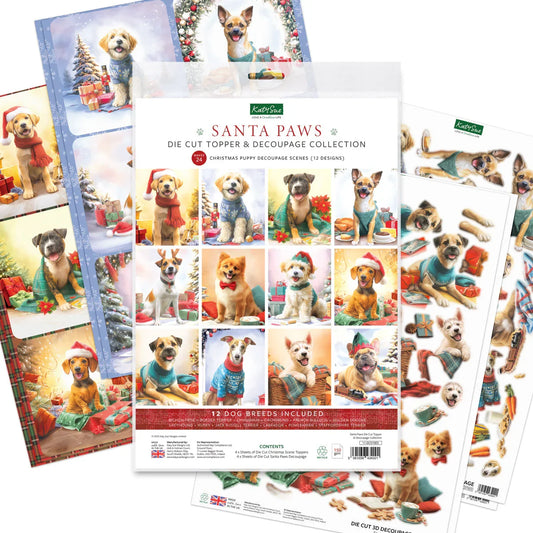 Karttoon Santa Paws die cut topper and decoupage collection with Christmas-themed dogs on a white background.