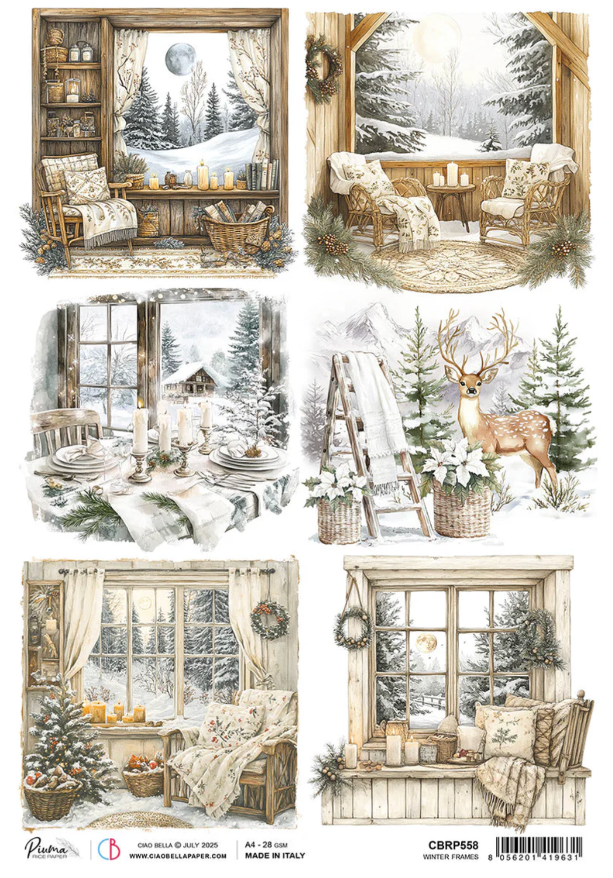 Ciao Bella Rice Paper A4 Winter Frames - 5 Sheets