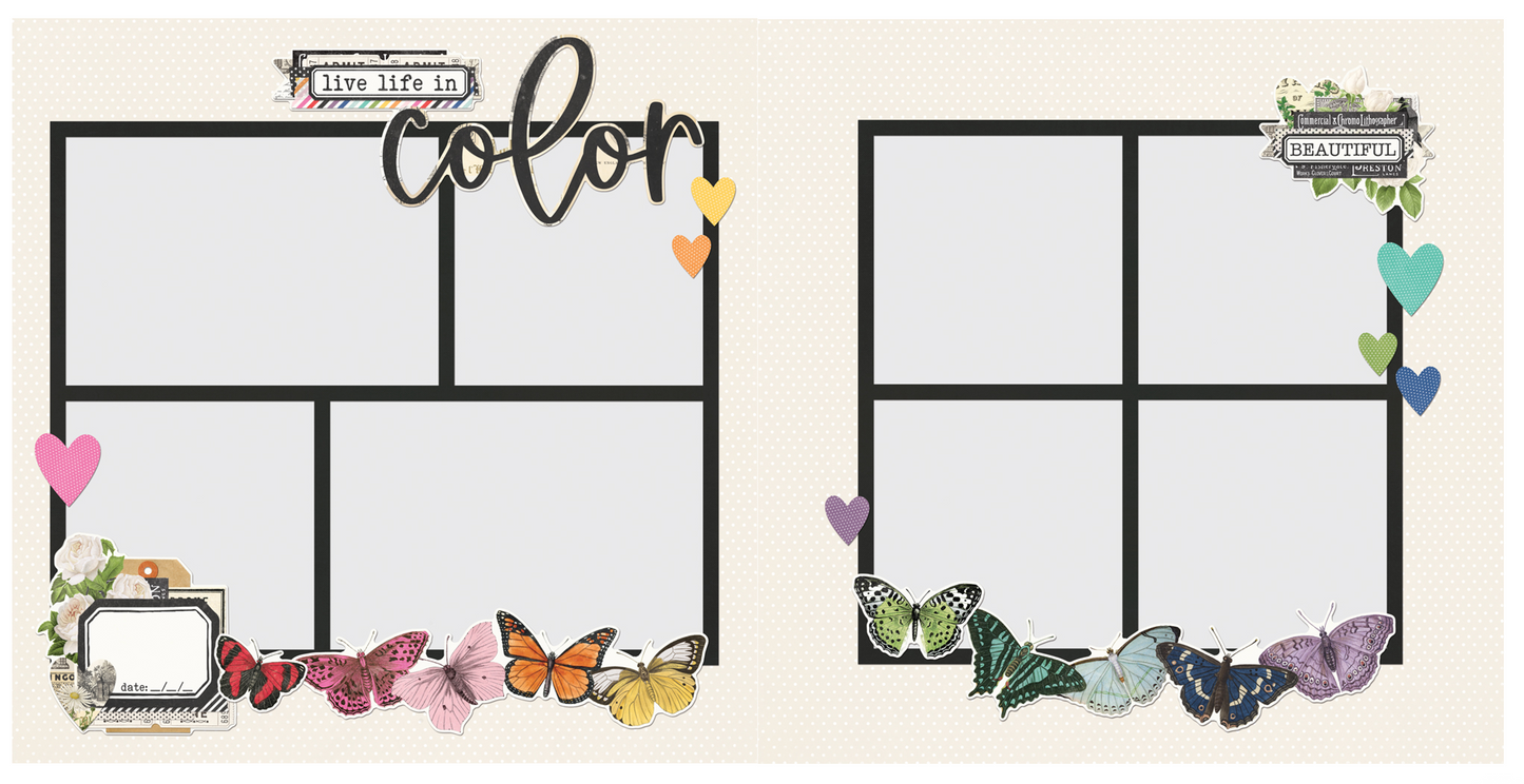 rainbow colored scrapbook layouts with butterflies and live life in color