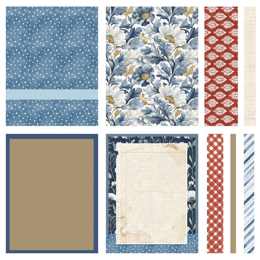 Collection of various patterned paper sheets arranged in a grid.