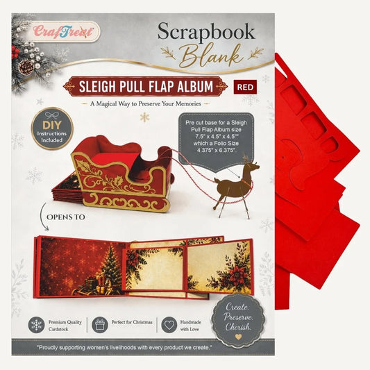 CrafTreat Scrapbook Blank Sleigh Pull Flap Album in red, showing the printed front cover with product details and a stack of red paper pull tabs on the right.