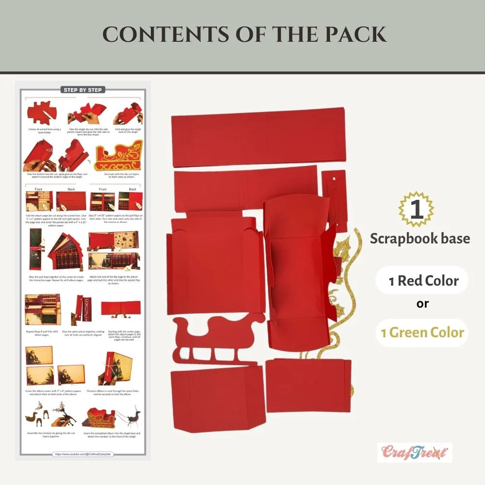Contents of a scrapbook paper pack displayed on a light background, with a step-by-step assembly guide on the left, flat red paper pieces in the center, and text noting 1 scrapbook base, 1 Red Color or, 1 Green Color. A CraftFront logo appears at the bottom right.