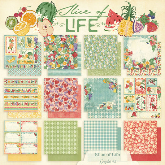 Collection of colorful patterned papers with fruits and 'Slice of Life' text on a beige background.