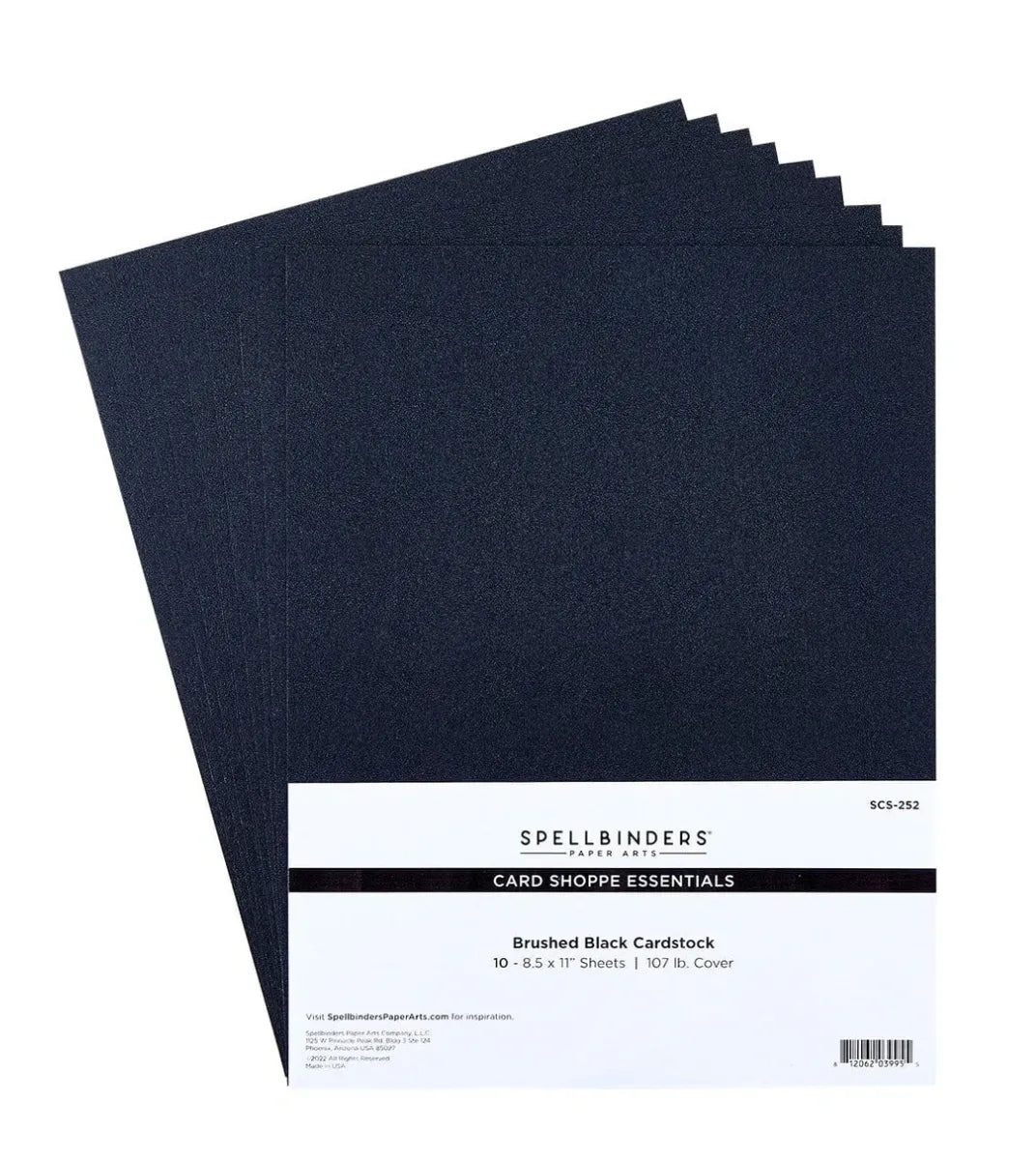 Stack of brushed black cardstock sheets with Spellbinders branding on a white background