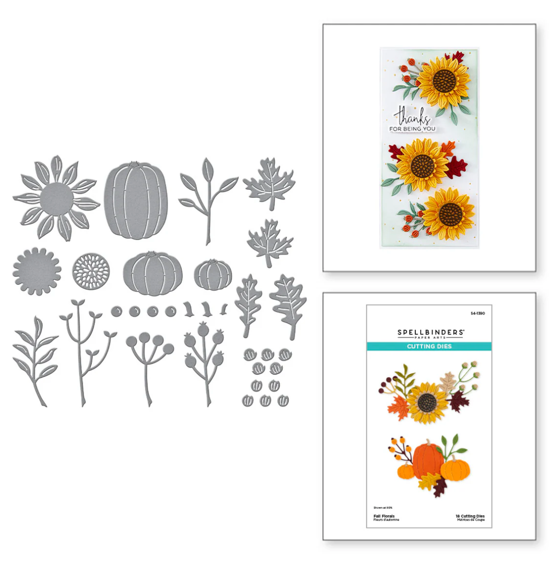 Set of floral and pumpkin-shaped cutting dies with matching card designs on a white background.
