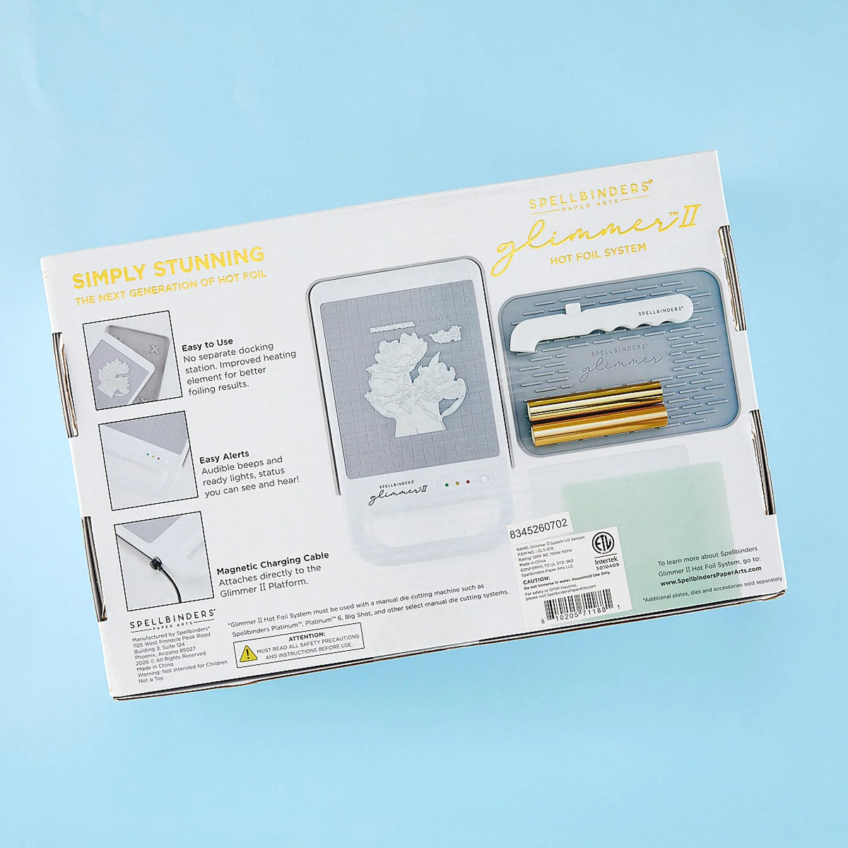 Spellbinders Glitter II Hot Foil System kit in its original retail packaging, displayed on a light blue background.