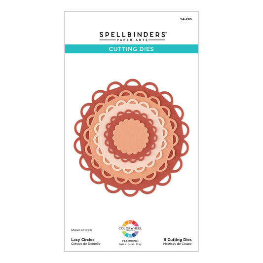 Spellbinders by Color Wheel Cutting Dies set featuring five nested lacey circle dies in terracotta, peach, and cream, shown on the product packaging card.