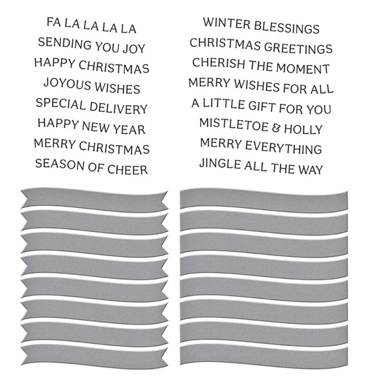 Set of Christmas-themed phrases and ribbons on a white background