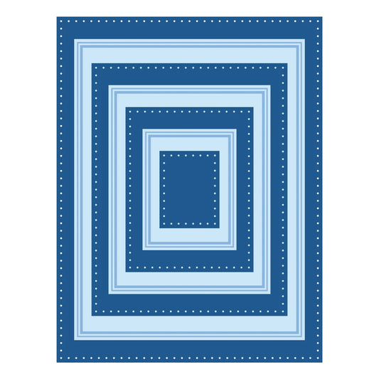 A geometric pattern of nested rectangular frames in shades of blue, including navy, medium blue, and light blue, with dotted and solid border details, shown on a white background.