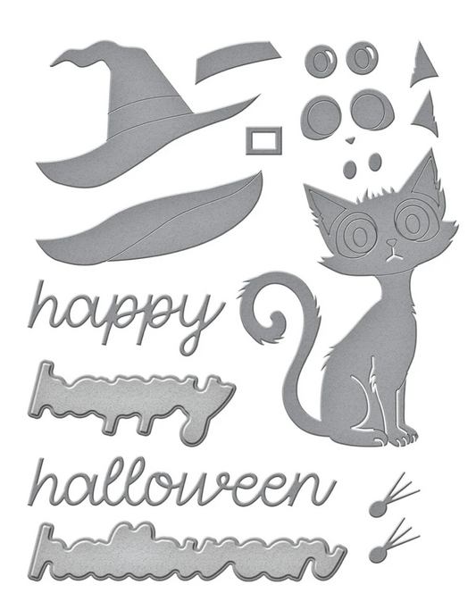 thin wafer metal
Halloween-themed cutting dies with a cat, witch hat, and 'happy Halloween' text on a white background.