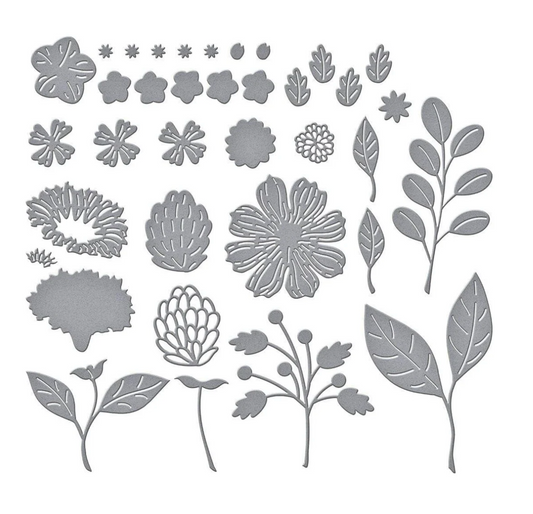 Collection of vivid blooms metal water floral and leaf designed dies individually shown on a white background