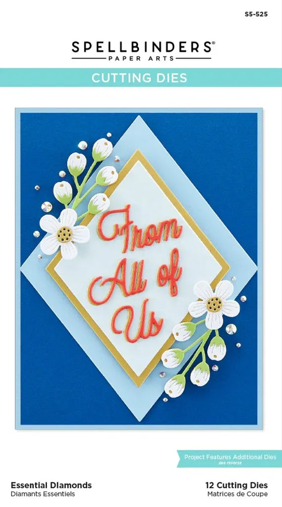 Spellbinders Essential Diamonds Etched dies packaging with card sample on cover