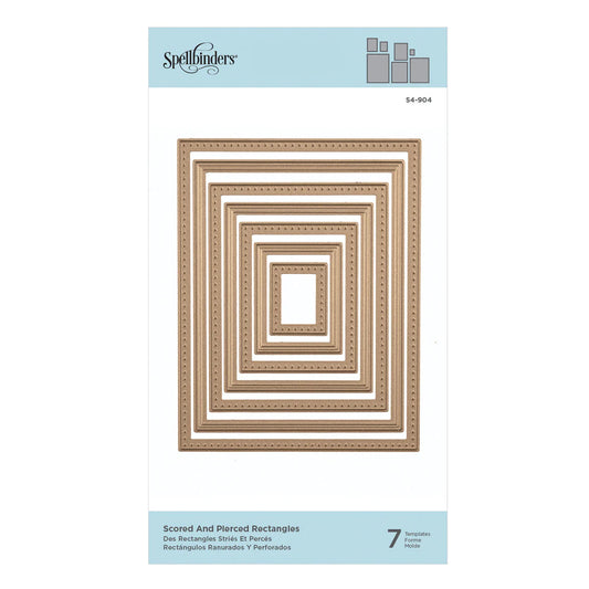 Packaging of Spellbinders Scored and pierced Rectangles dies with decorative frames on a white background.
