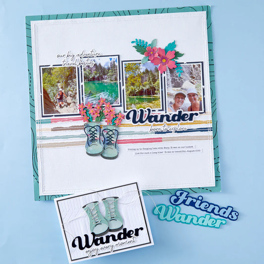 Scrapbook page sample with boots and title Spellbinders