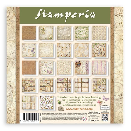 Stamperia scrapbooking paper pack with various designs on a white background