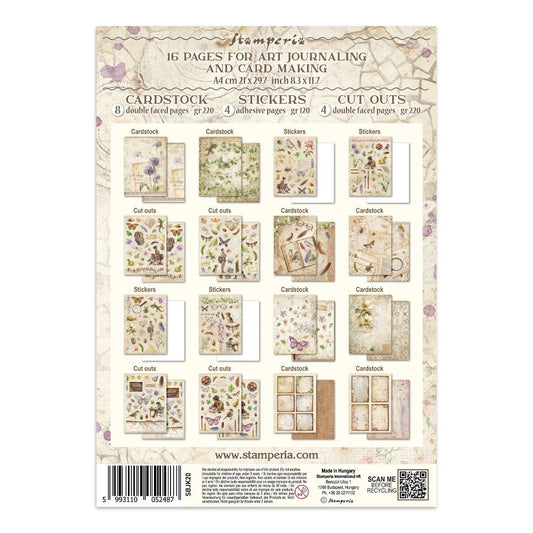Packaging of Stamperia art journaling and card making supplies with illustrations and text.