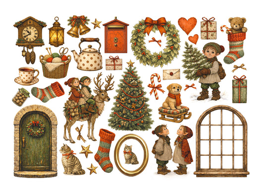 Collection of Christmas-themed illustrations including a tree, children, reindeer, and other festive elements on a white background.