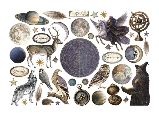 A collection of vintage-style celestial and mystical illustrations arranged on a white background, including planets, moons, stars, an armillary sphere, a deer, a wolf, a bird, an owl, a witch reading, feathers, and a large central zodiac wheel.