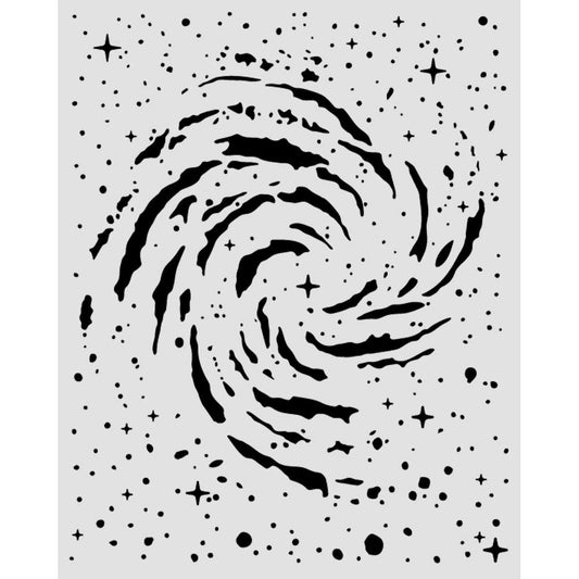A black spiral galaxy stencil or decal design on a light gray background, featuring a swirling cosmic pattern with stars and dots.