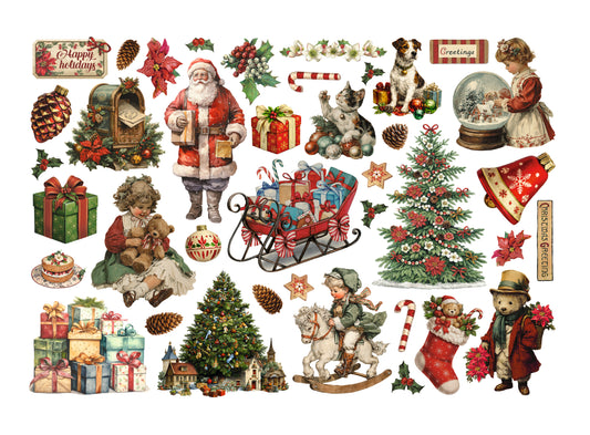 Collection of vintage-style Christmas illustrations featuring Santa Claus, trees, gifts, and other holiday elements.