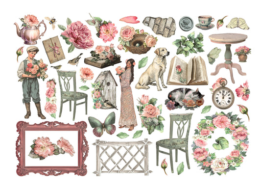 House of Roses table, chair, boy, cup, fence ephemera spread out