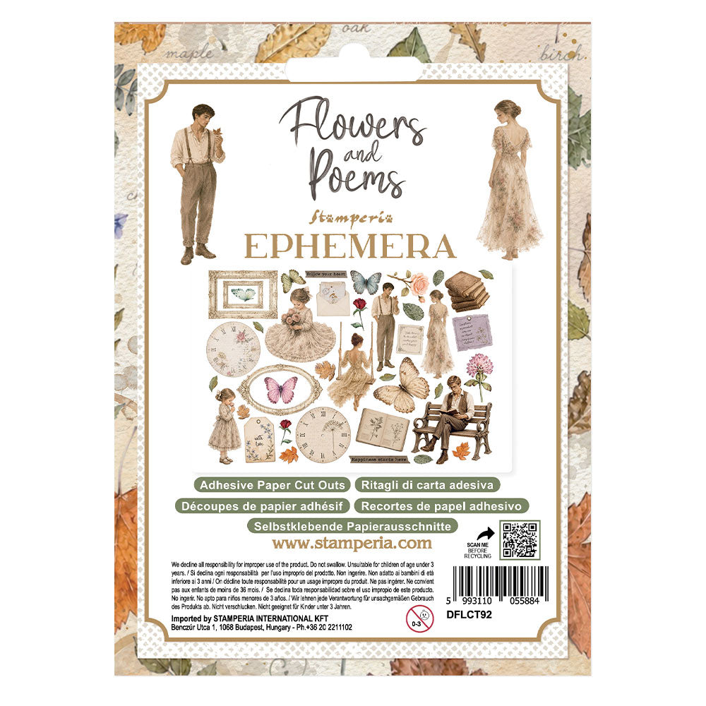 Stamperia Ephemera adhesive paper cut outs sheet, featuring vintage illustrations of people, flowers, clocks, and postcards on a cream and beige patterned background.