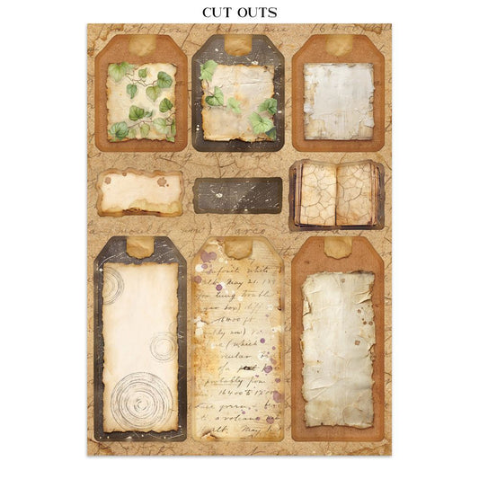 Set of vintage-style cutouts with textured backgrounds and decorative elements on a beige background.