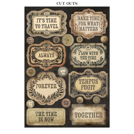Collection of vintage-style decorative labels with motivational phrases on a black background