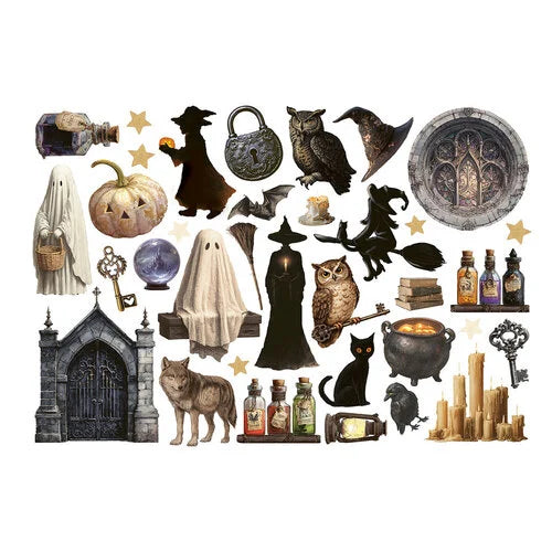 Collection of Halloween-themed illustrations including ghosts, pumpkins, cats, and potion bottles on a white background.