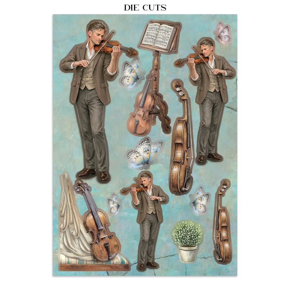 Set of die-cut paper figures of a man playing a violin with musical instruments and decorative elements on a light blue background.