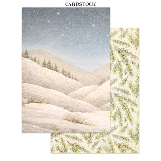 Cardstock with winter landscape design and greenery border